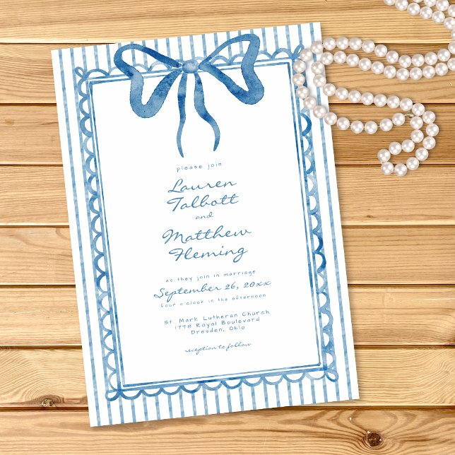 Invitación Whimsical Blue Watercolor Bow Stripe Wedding (Subido por el creador)