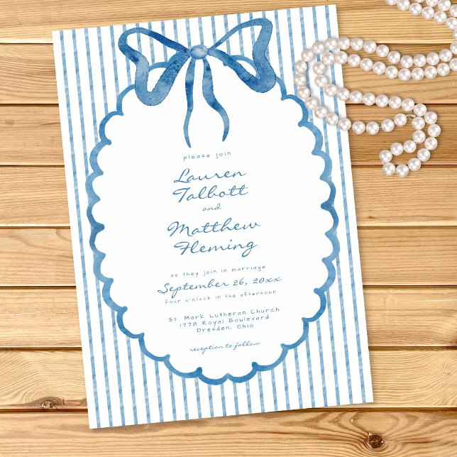 Invitación Whimsical Blue Watercolor Bow Stripe Wedding (Subido por el creador)