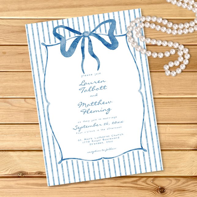 Invitación Whimsical Blue Watercolor Bow Stripe Wedding (Subido por el creador)
