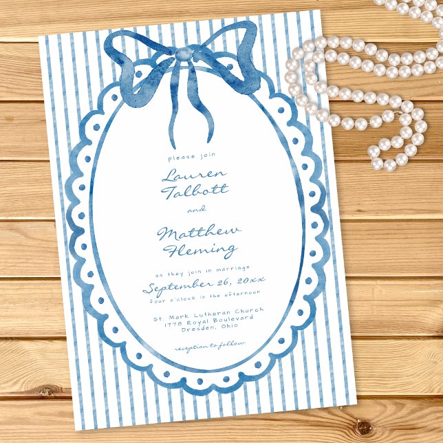 Invitación Whimsical Blue Watercolor Bow Stripe Wedding (Subido por el creador)