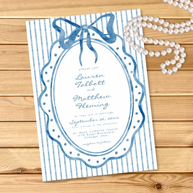 Invitación Whimsical Blue Watercolor Bow Stripe Wedding (Whimsical Blue Watercolor Bow Stripe Wedding Invitation)