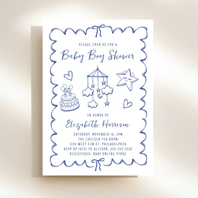 Invitación Whimsical Blue Wavy Frame Baby Boy Shower (Subido por el creador)