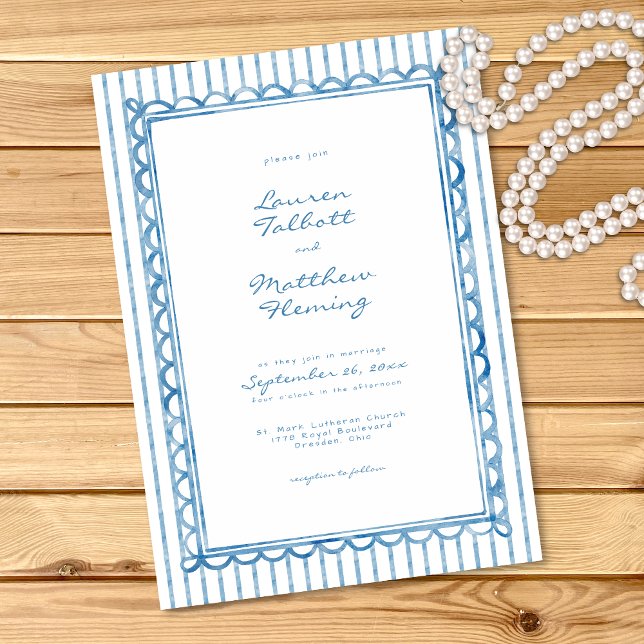 Invitación Whimsical Blue White Watercolor Stripe Wedding (Whimsical Blue White Watercolor Stripe Wedding Invitation)