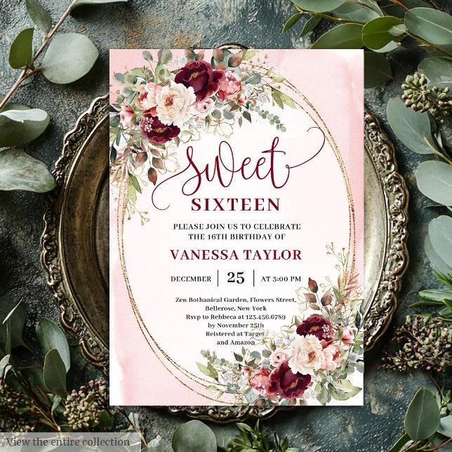 Invitación Whimsical Blush Burgundy Roses Sweet Sixteen Card (Whimsical Blush Burgundy Roses Sweet Sixteen Invite

)