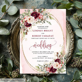 Invitación Whimsical Boho Deep Red Gold Floral Wedding Invite