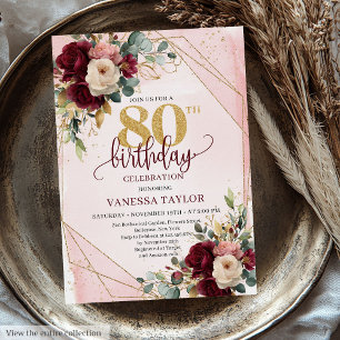 Invitación Whimsical Boho Merlot Gold Flowers 80º cumpleaños
