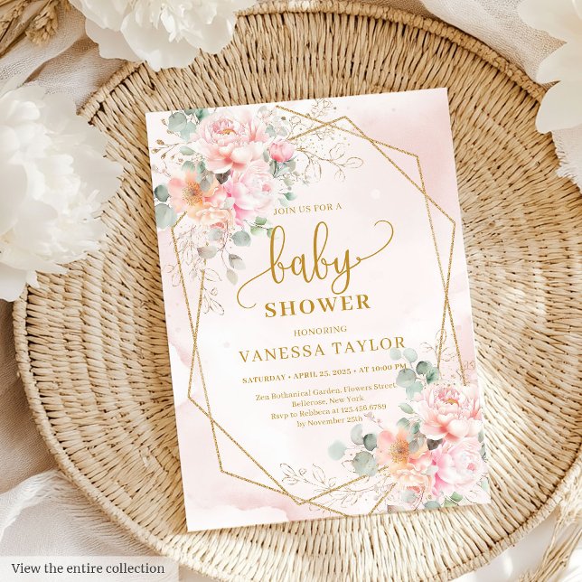 Invitación Whimsical boho oro rosa pálido peonías de bebé duc (Whimsical boho pale pink gold peonies baby shower Invitation)