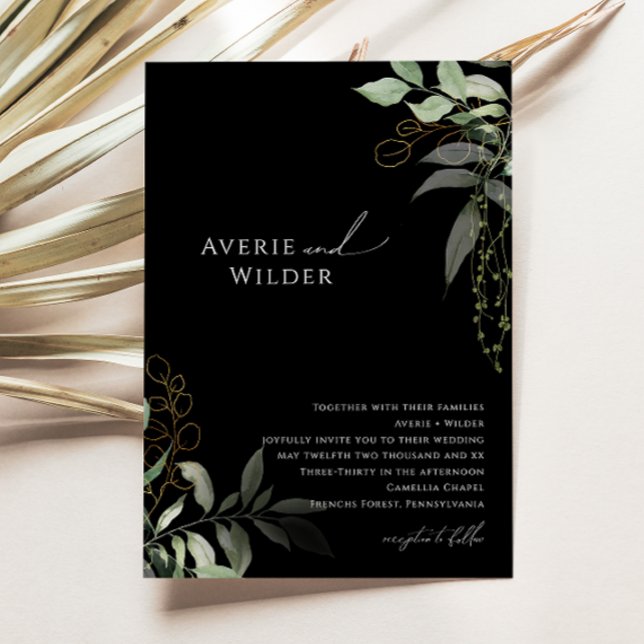 Invitación Whimsical Botánico Negro y Boda de Oro (Subido por el creador)