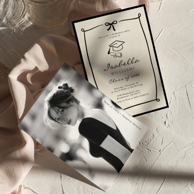 Invitación Whimsical Bow Black and White Graduation party (Subido por el creador)