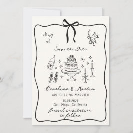 Invitación Whimsical Bow, boda dibujada a mano ahorra la fech