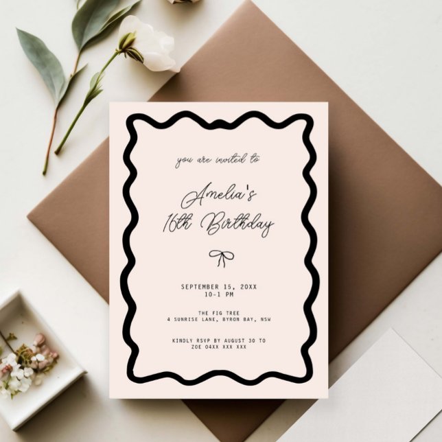 Invitación Whimsical Bow cursive border 16th birthday (Subido por el creador)