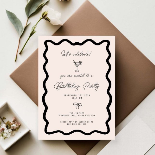 Invitación Whimsical Bow cursive border martini birthday  (Subido por el creador)