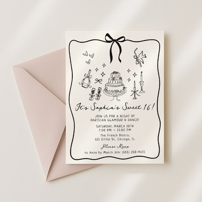 Invitación Whimsical Bow, dulce dibujado a mano 16 Cumpleaños (Subido por el creador)