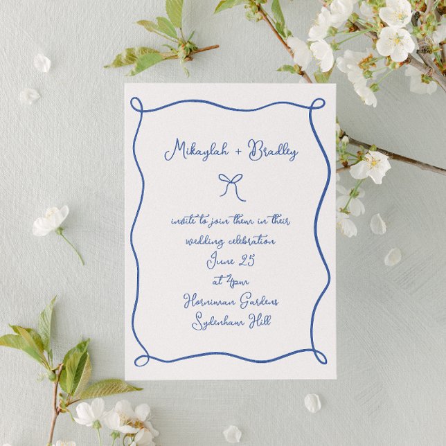 Invitación Whimsical Bow & Ribbons Boda Azul Francés (Subido por el creador)
