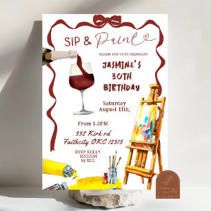 Invitación Whimsical Bow Wine Sip y Paint Birday