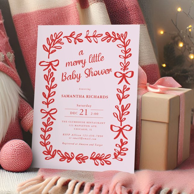Invitación Whimsical bows red pink Merry little baby shower (Subido por el creador)