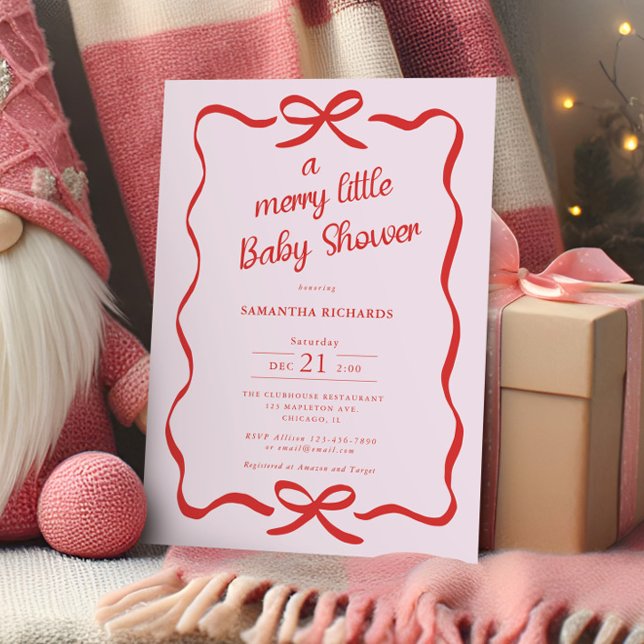 Invitación Whimsical bows red pink Merry little baby shower (Subido por el creador)