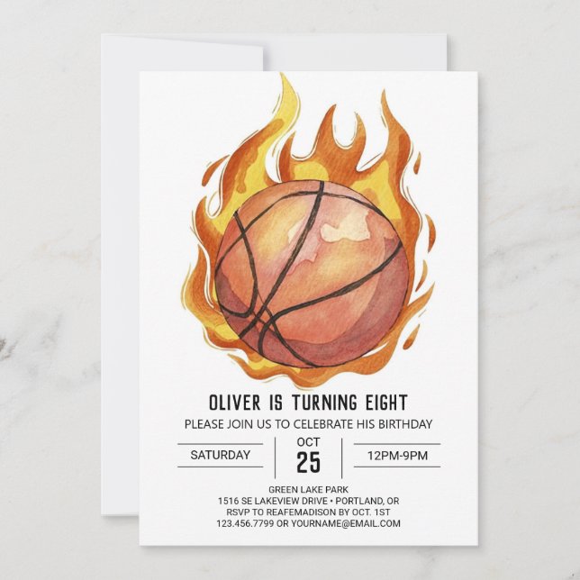 Invitación Whimsical Boy Watercolor Baloncesto Cumpleaños (Anverso)