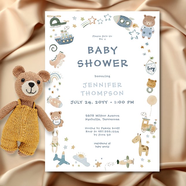 Invitación Whimsical Boy Watercolor Doodle Baby Shower (Whimsical Oh Boy Watercolor Doodle Baby Shower Invitation)