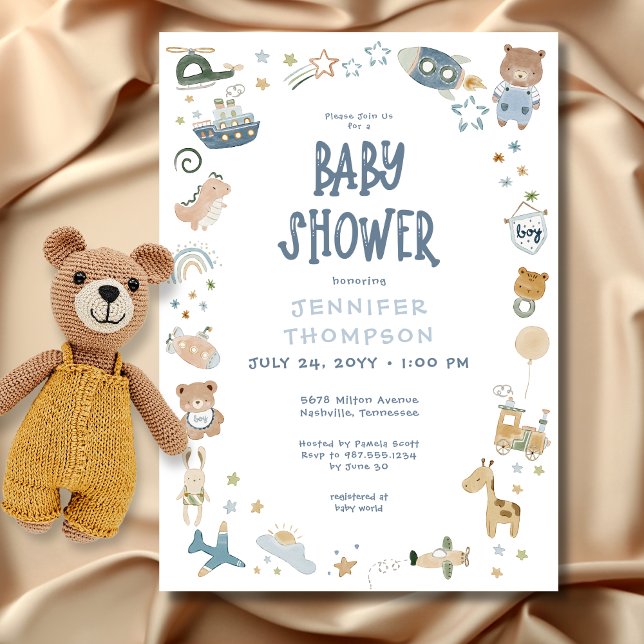 Invitación Whimsical Boy Watercolor Doodle Baby Shower (Whimsical Oh Boy Watercolor Doodle Baby Shower Invitation)