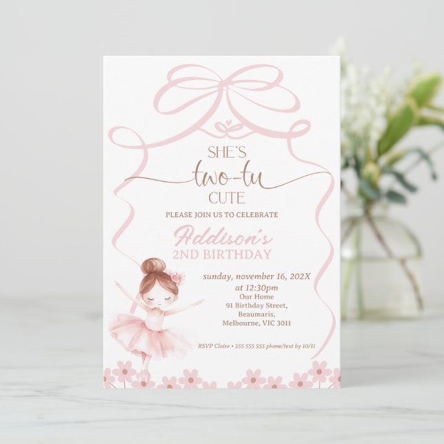 Invitación Whimsical Brown Ballerina Two Tu Cute Segundo Cump (Anverso de pie)