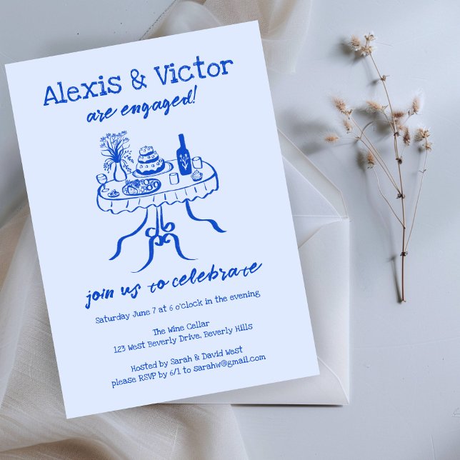 Invitación Whimsical Buffet DInner Personalizado Engagement P (Whimsical Buffet DInner Custom Engagement Party Invitation Blue Sketch Doodle Cute
)