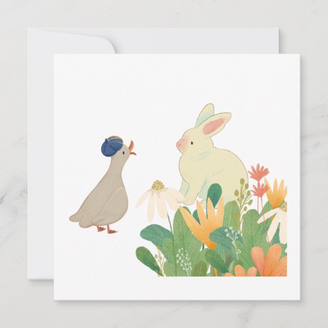 Invitación Whimsical Bunny & Bird in Bloom - Cuidada Primaver (Anverso)