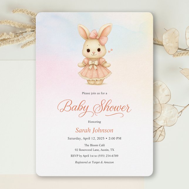 Invitación Whimsical Bunny Girl Pink Baby Shower Invitation (Whimsical Bunny Girl Pink Baby Shower Invitation)