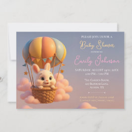 Invitación Whimsical Bunny Hot Air Balloon con nubes rosas