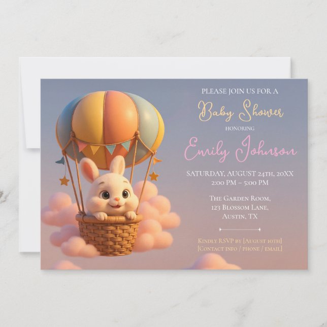 Invitación Whimsical Bunny Hot Air Balloon con nubes rosas (Anverso)
