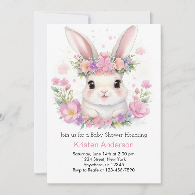 Invitación Whimsical Bunny Meadow Chica Baby Shower (Anverso)