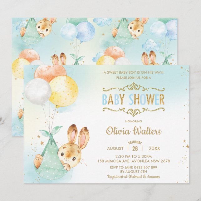 Invitación Whimsical Bunny Rabbit Balloons Baby Shower Boy (Anverso / Reverso)