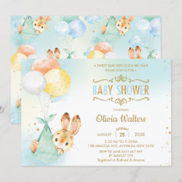 Invitación Whimsical Bunny Rabbit Balloons Baby Shower Boy