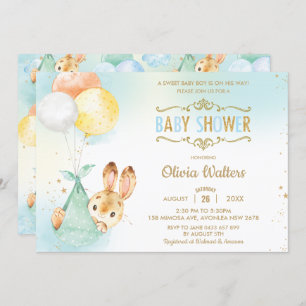 Invitación Whimsical Bunny Rabbit Balloons Baby Shower Boy