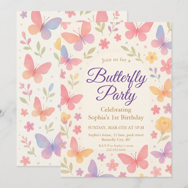 Invitación Whimsical Butterfly 1st Birthday Party (Anverso / Reverso)