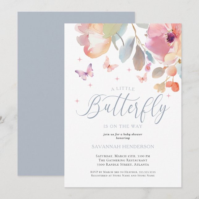 Invitación Whimsical Butterfly Pink Blue Floral Baby Shower (Anverso / Reverso)