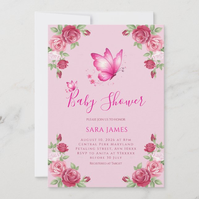 Invitación Whimsical Butterfly & Rose Baby Shower Invitation (Anverso)