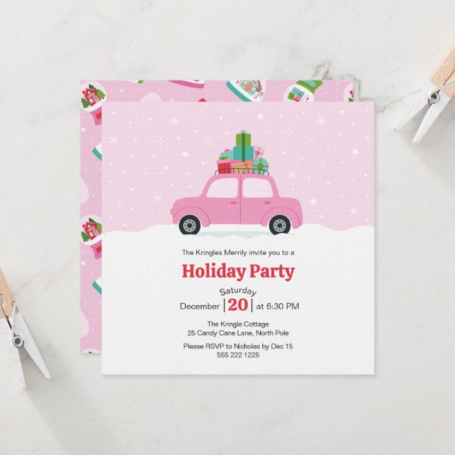 Invitación Whimsical Car with Christmas Gifts in Pink (Anverso/Reverso In Situ)