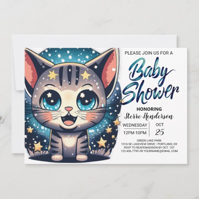 Invitación Whimsical Cat Editable Boy Baby Shower (Anverso)