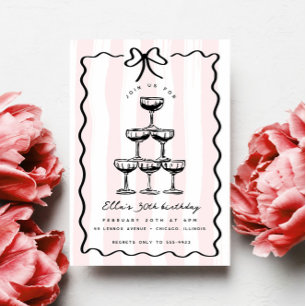 Invitación Whimsical Champagne Tower Bow Pink Stripe Cumpleañ