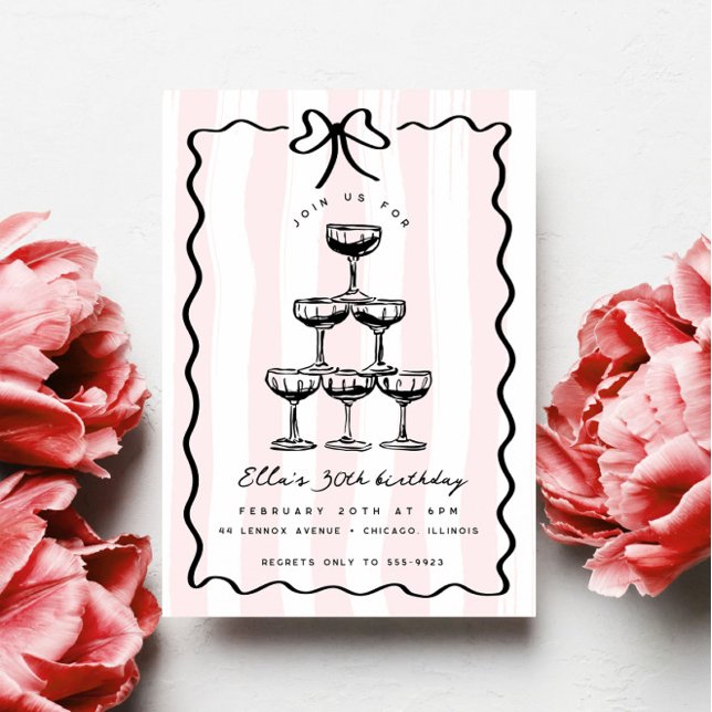 Invitación Whimsical Champagne Tower Bow Pink Stripe Cumpleañ (Subido por el creador)