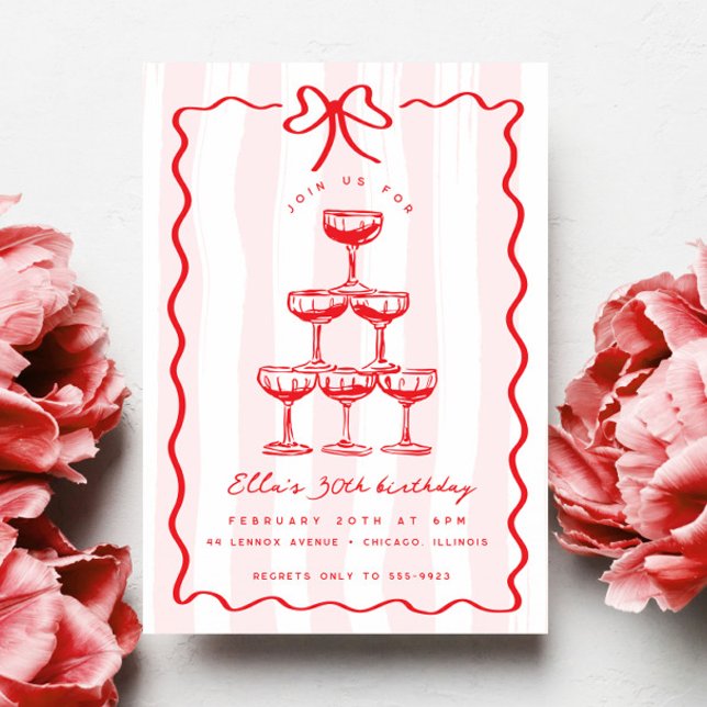 Invitación Whimsical Champagne Tower Bow Pink Stripe Cumpleañ (Subido por el creador)