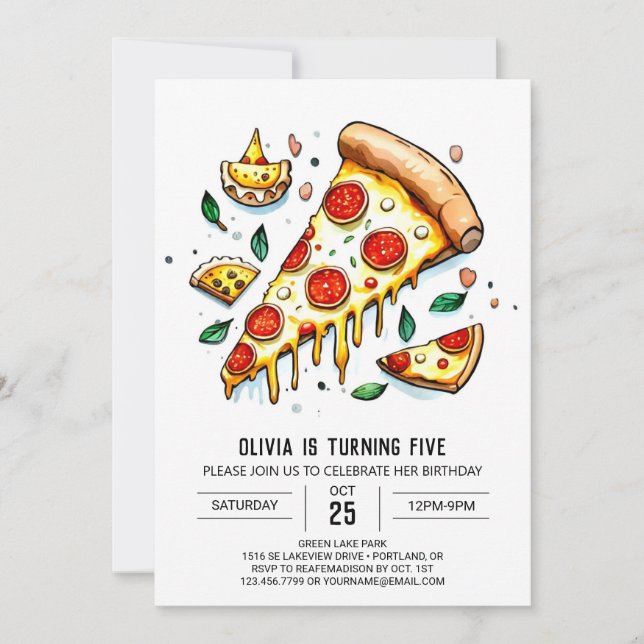 Invitación Whimsical Cheese Pizza Birthday (Anverso)