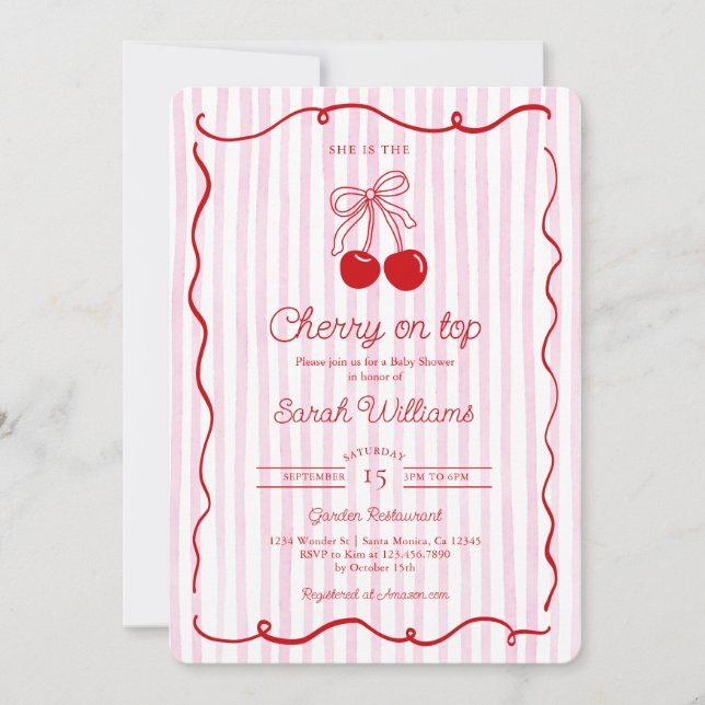 Invitación Whimsical Cherry en el Chica de Baby Shower (Anverso)