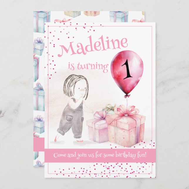 Invitación Whimsical Chica Cute Primer Regalo de Globo Rosa d (Anverso / Reverso)