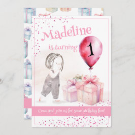 Invitación Whimsical Chica Cute Primer Regalo de Globo Rosa d