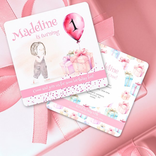 Invitación Whimsical Chica Cute Primer Regalo de Globo Rosa d (Whimsical Cute Girl 1st birthday illustrated Pink balloon & watercolor gifts invitation)