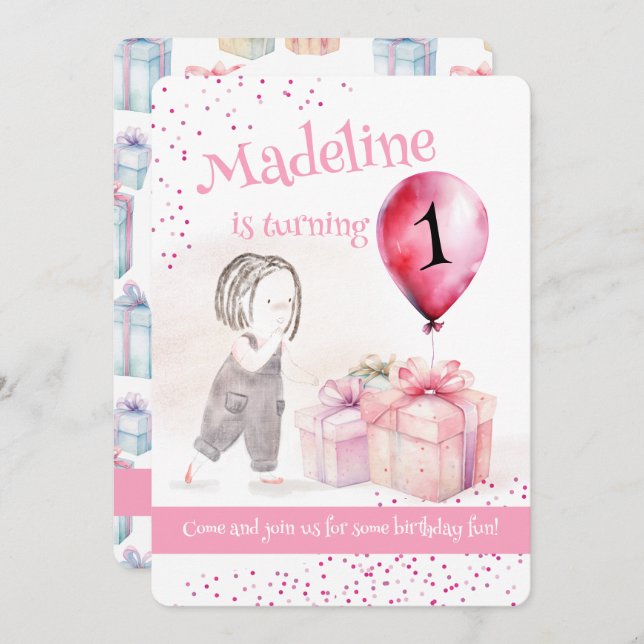 Invitación Whimsical Chica Cute Primer Regalo de Globo Rosa d (Anverso / Reverso)