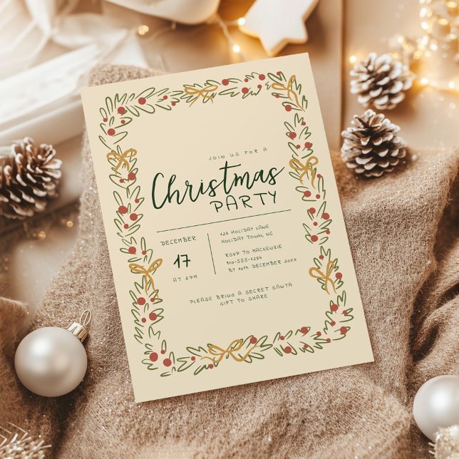 Invitación Whimsical Christmas Wreath & Bow Party Invitation (Whimsical Christmas Wreath holiday party invitation)