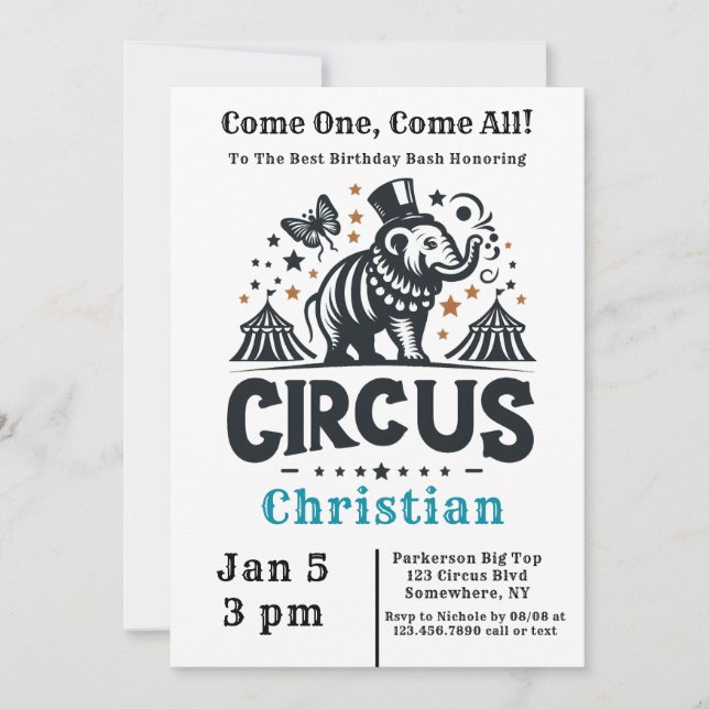 Invitación Whimsical Circus Birthday Bash (Anverso)
